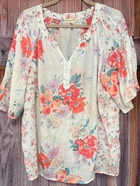Indigo Rose Coral Floral V-Neck Peasant Blouse cotton